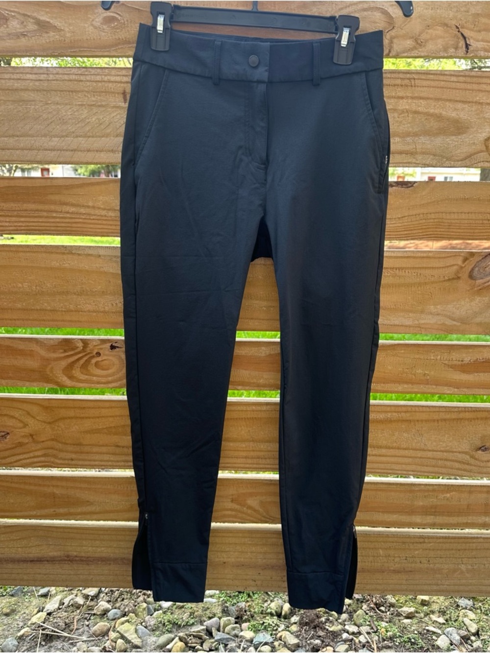 Hiverlay Black Ankle Pants Stretch Nylon Spandex Straight Leg Button Zip Women S